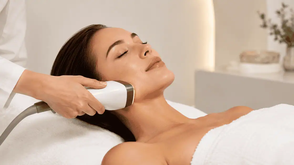 SkinTyte skin tightening treatment using infrared light on a woman's jawline and neck